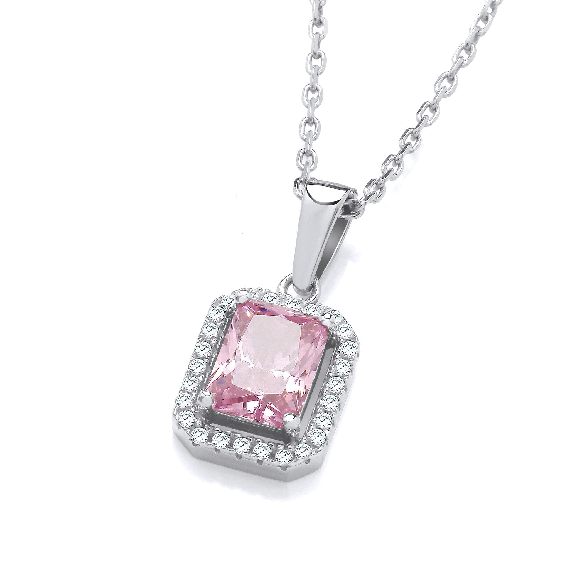 Silver Pink CZs Halo Stud Pendant with Chain