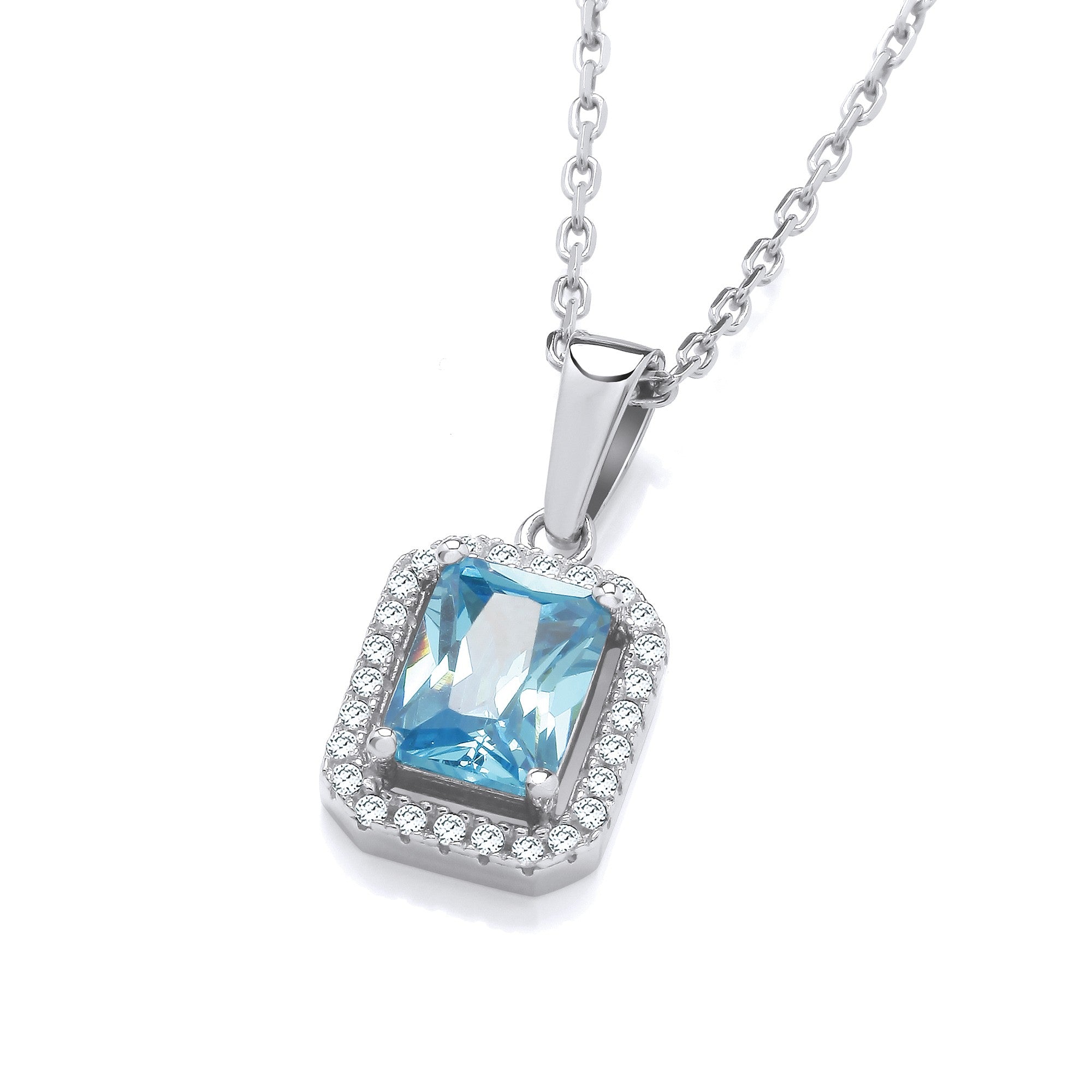 Silver Blue CZs Halo Stud Pendant with Chain
