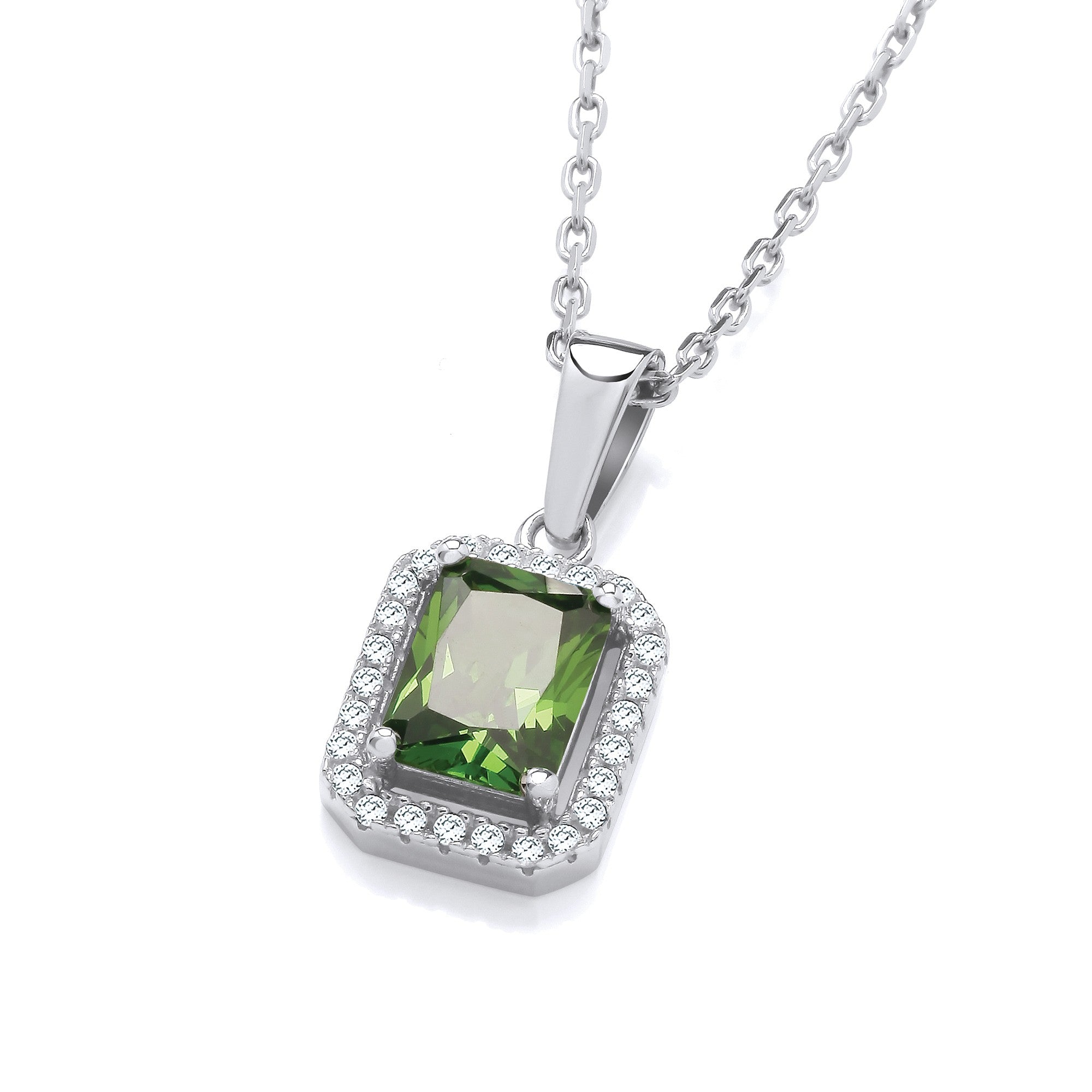 Silver Green CZs Halo Stud Pendant with Chain