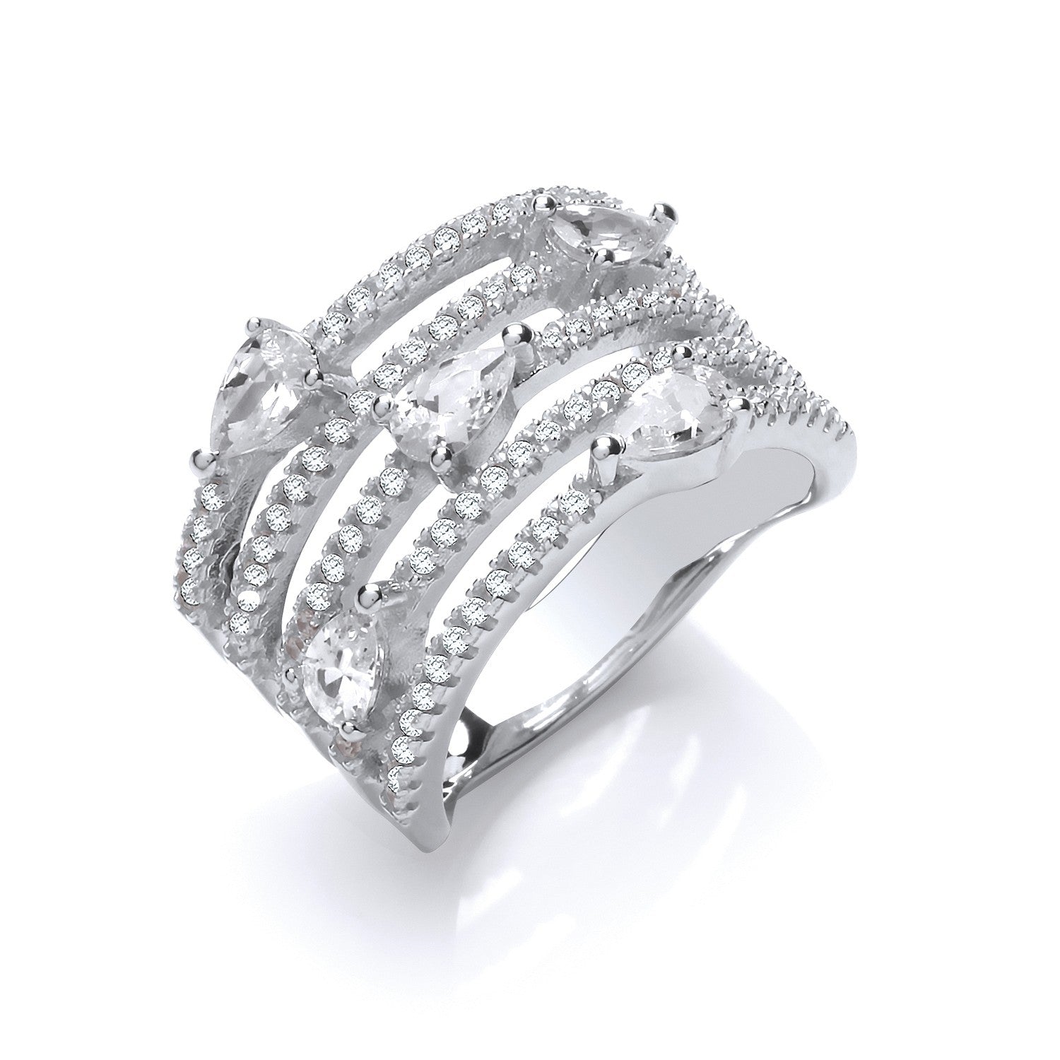 Silver Five Rows Round & Pear Shape Cubic Zirconia Ring