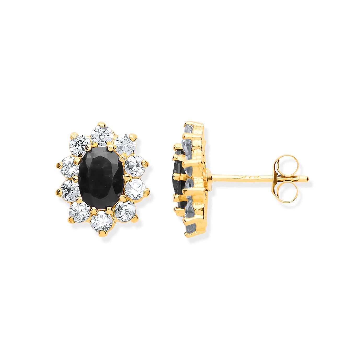 9ct Yellow Gold Black Sapphire & CZs Cluster Studs