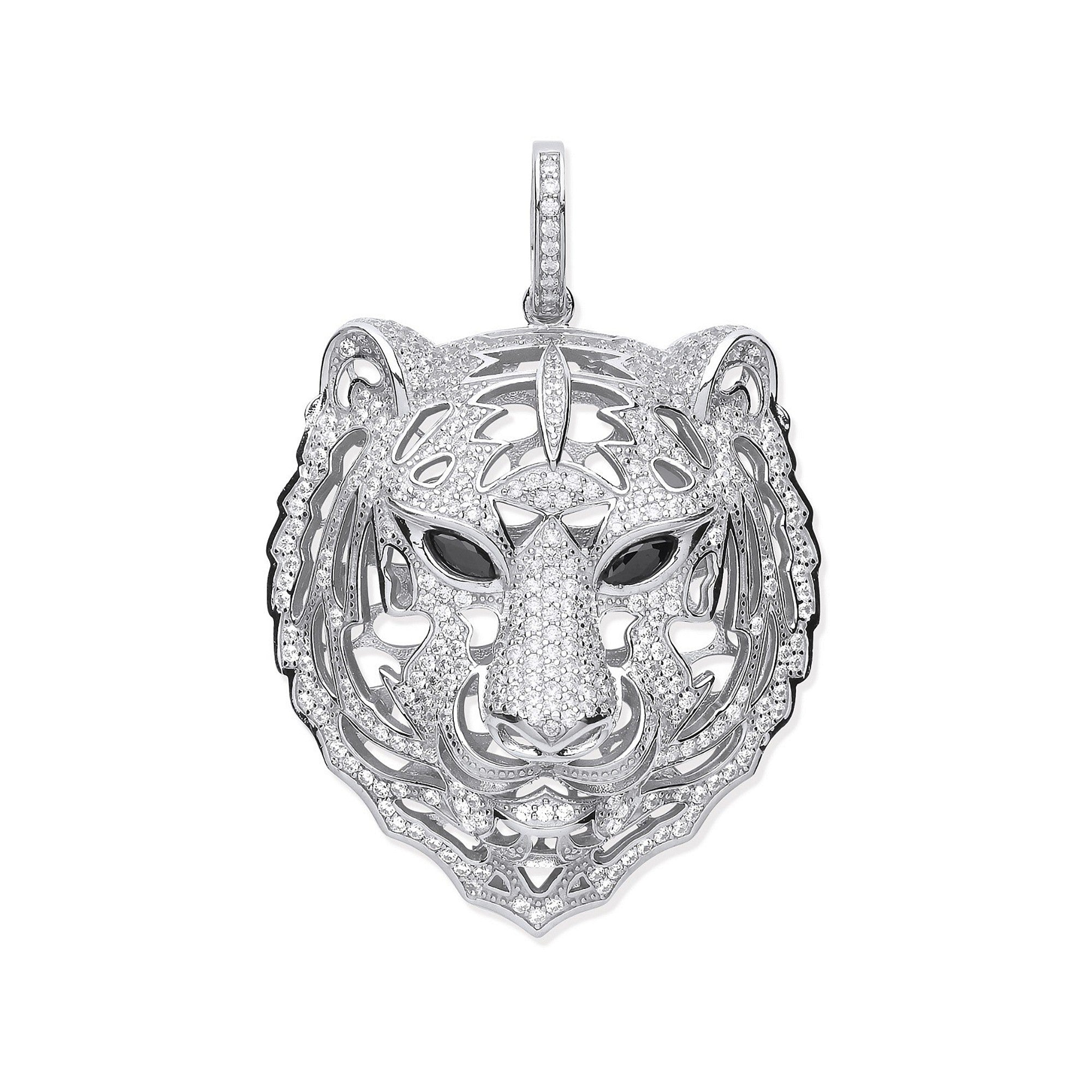 Silver CZ Tiger Head Black CZ Eyes Pendant