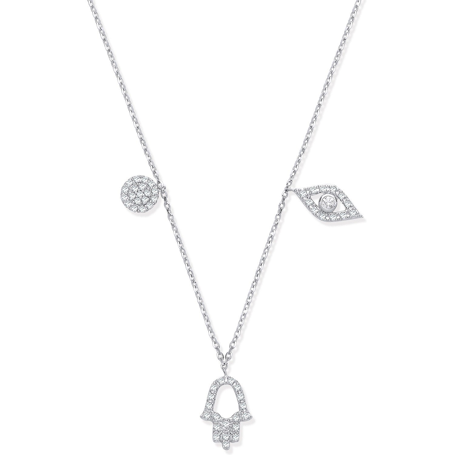 9ct White Gold 0.22ctw Evil Eye, Hamsa & Circle Pendant Chain