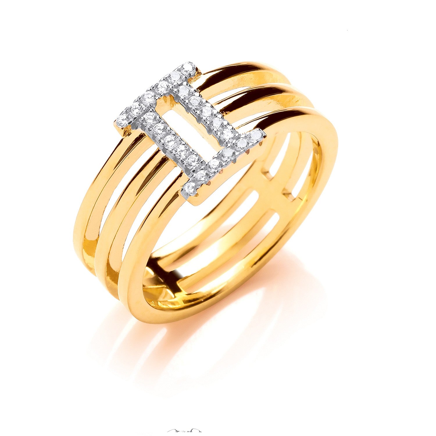 Silver YG Plated CZ Three Band Ring