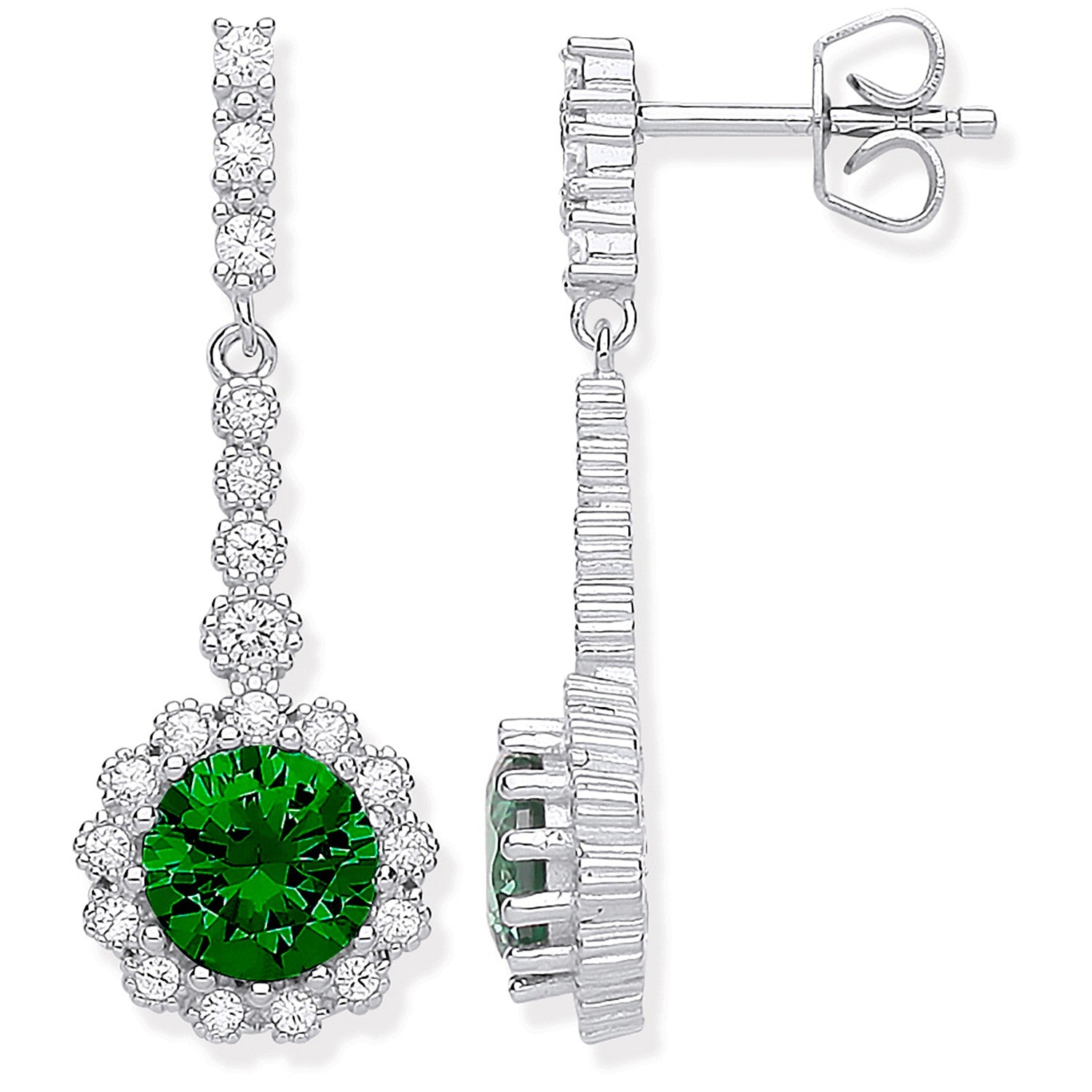 Silver Round Green CZ Long Drop Earrings