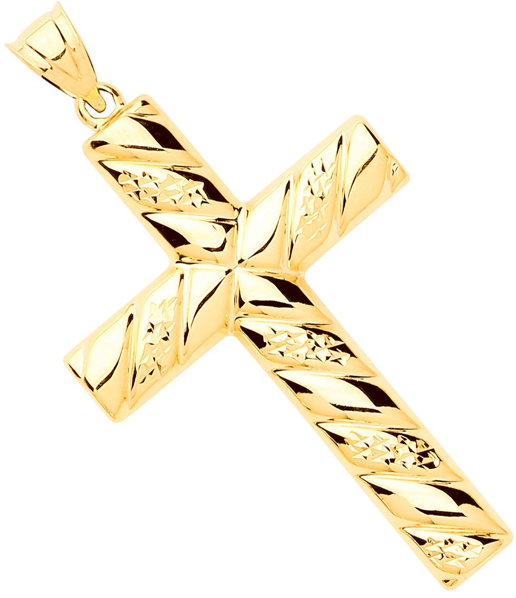 Yellow Gold Hollow Tube Ribbed Cross