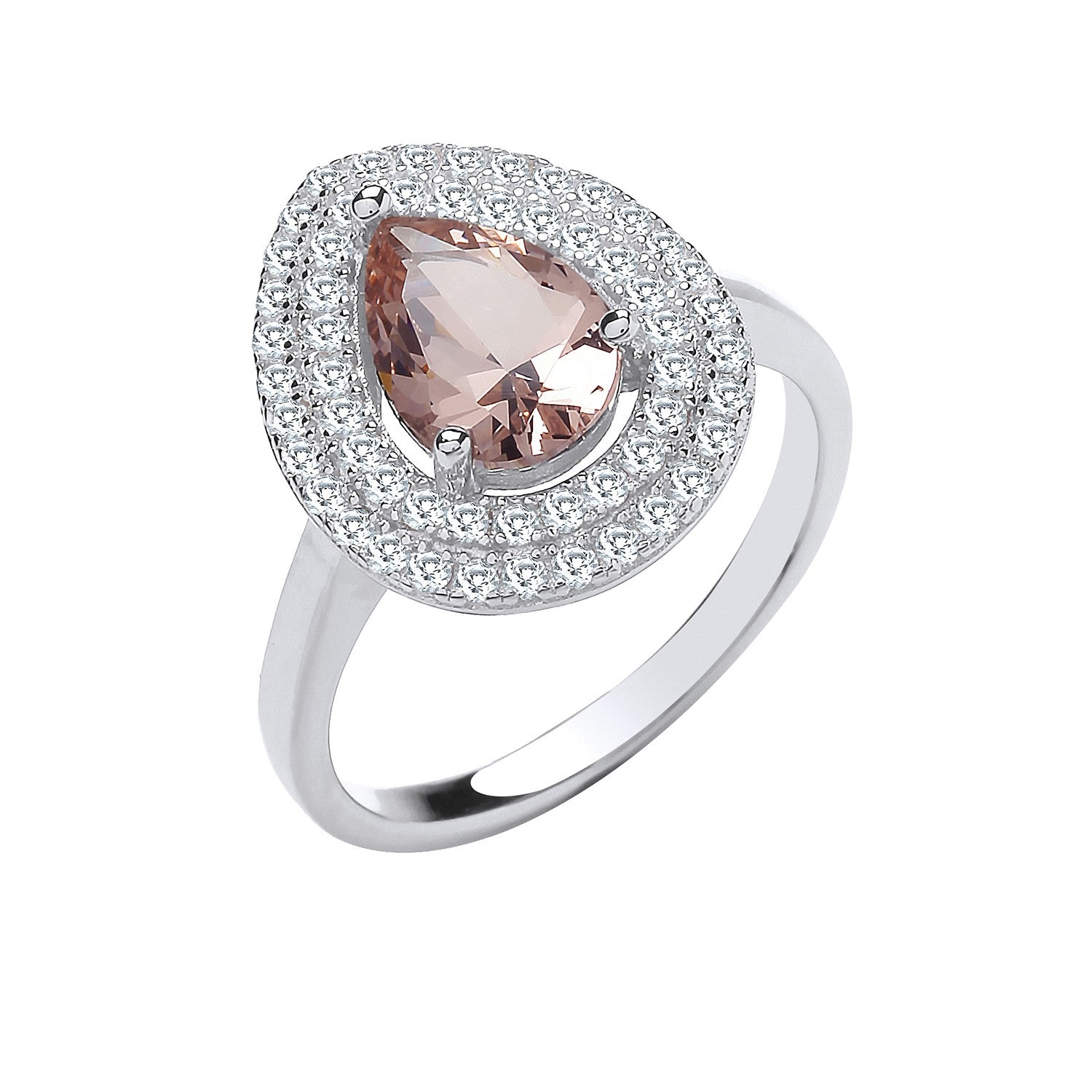 Silver Double Cubic Zirconia Pear Halo & Synthetic Morganite Ring