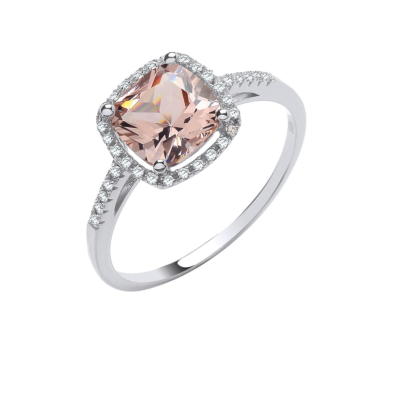Silver Cushion Cut  Synthetic Morganite & Cubic Zirconia Halo Ring