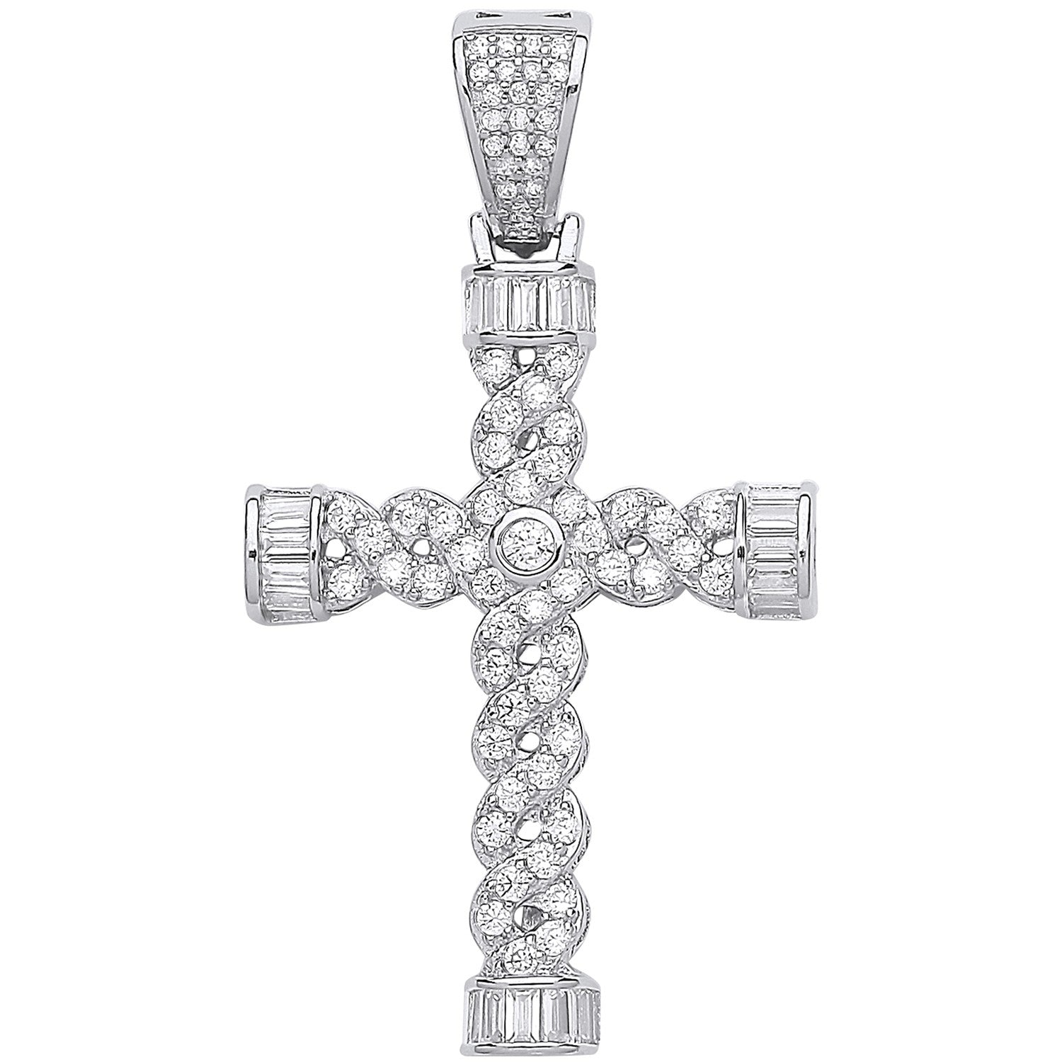 Silver Plait Style Fancy Cubic Zirconia Cross